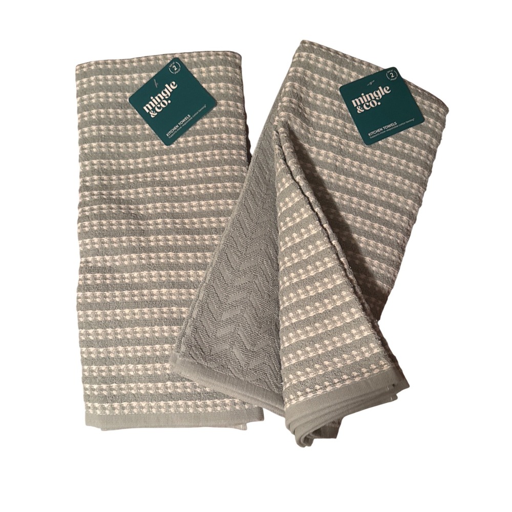 Mingle & Co Kitchen Towel 2 Pc Set Sage Green Gray Mist Lot of 2 18 x28" NWT
